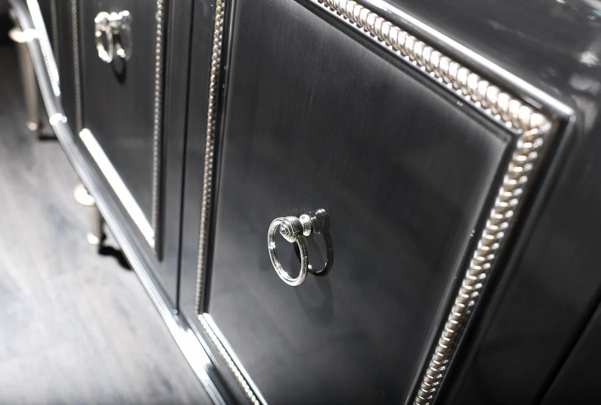 Casa Padrino aparador barroco de lujo negro / plata 220 x 103 x A. 56 cm - Armario de salón con tapa de vidrio y 4 puertas - Muebles de Salón Barroco de Lujo