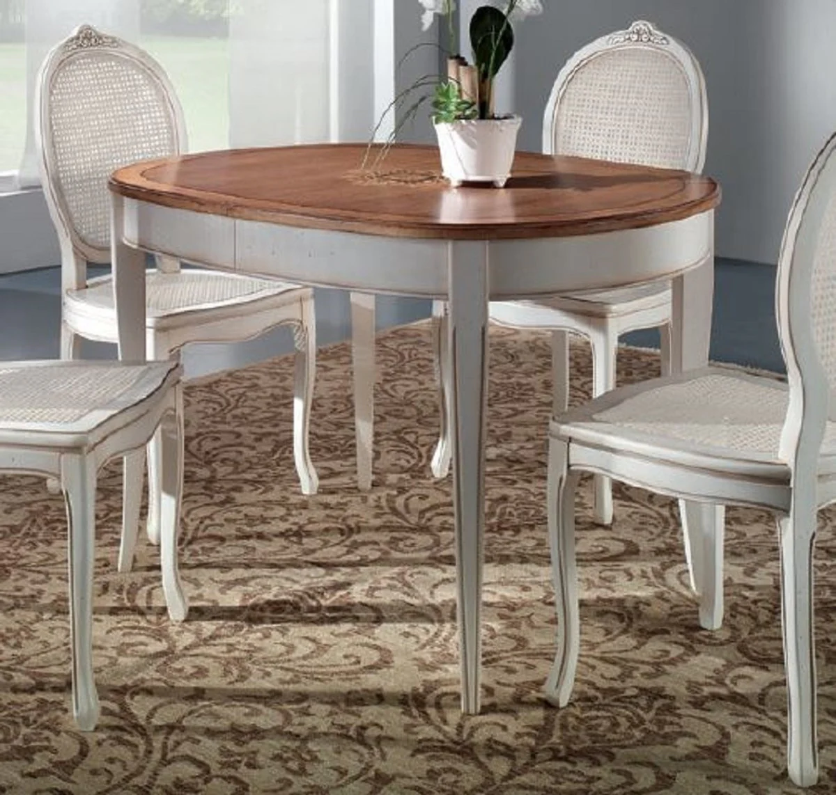 Casa Padrino mesa de comedor barroco de lujo marr¨®n marqueter¨ªa / blanco antiguo - Mesa de comedor extensible ovalada de estilo barroco - Muebles de comedor barrocos - Hecho en Italia