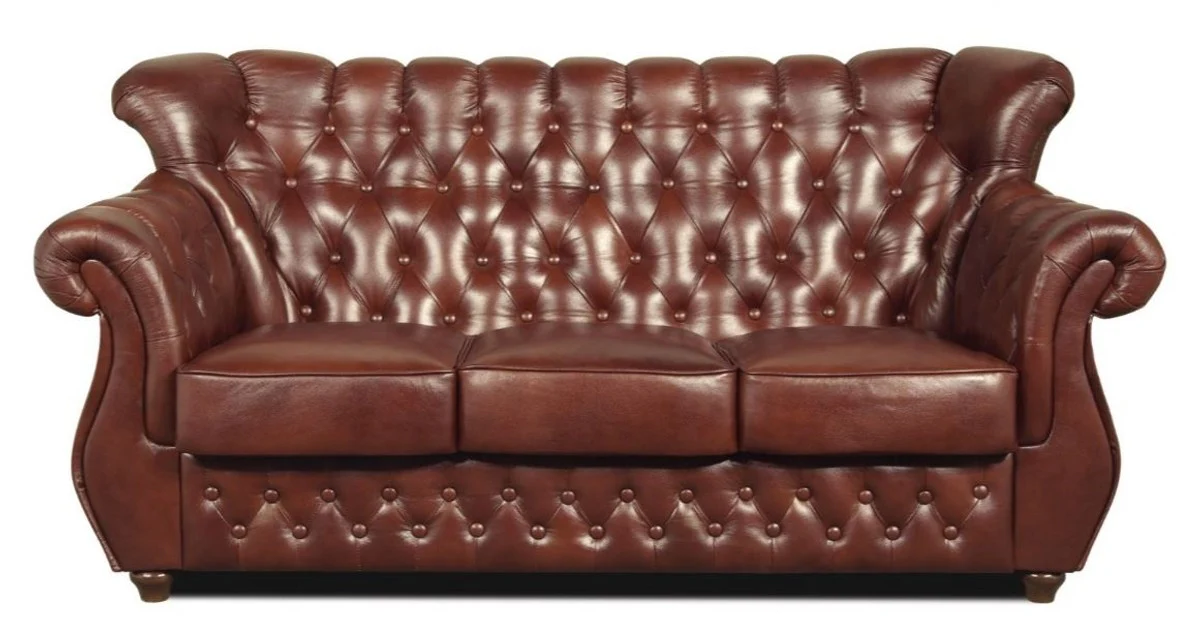 Casa Padrino Chesterfield sof¨¢ de cuero genuino en color marr¨®n con patas marr¨®n oscuro 200 x 80 x H. 85 cm - Calidad de Lujo