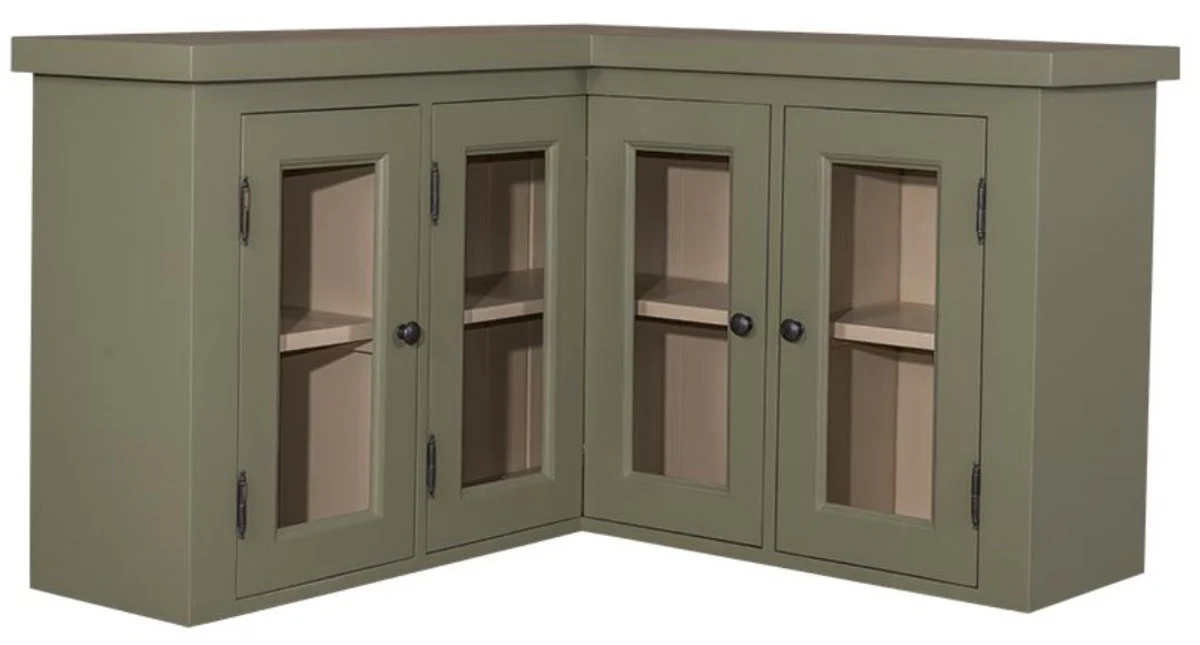 Casa Padrino armario de cocina armario de esquina de estilo country verde / beige 98 x 98 x H. 65 cm - Armario de Pared de Estilo Country con 3 Puertas de Vidrio