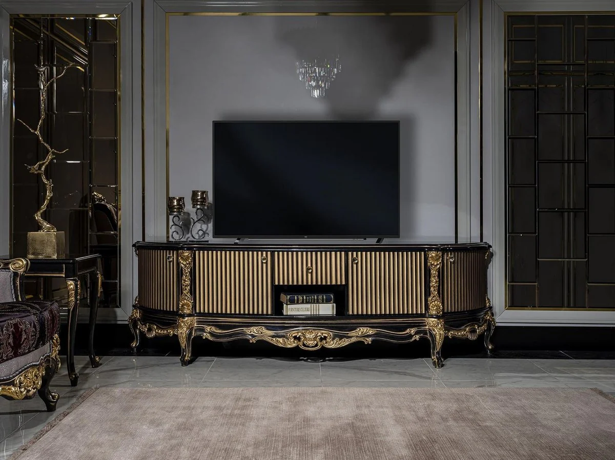 Casa Padrino gabinete TV barroco de lujo negro / oro - Magnífico aparador de madera maciza con 4 puertas y cajón - Muebles de salón barrocos
