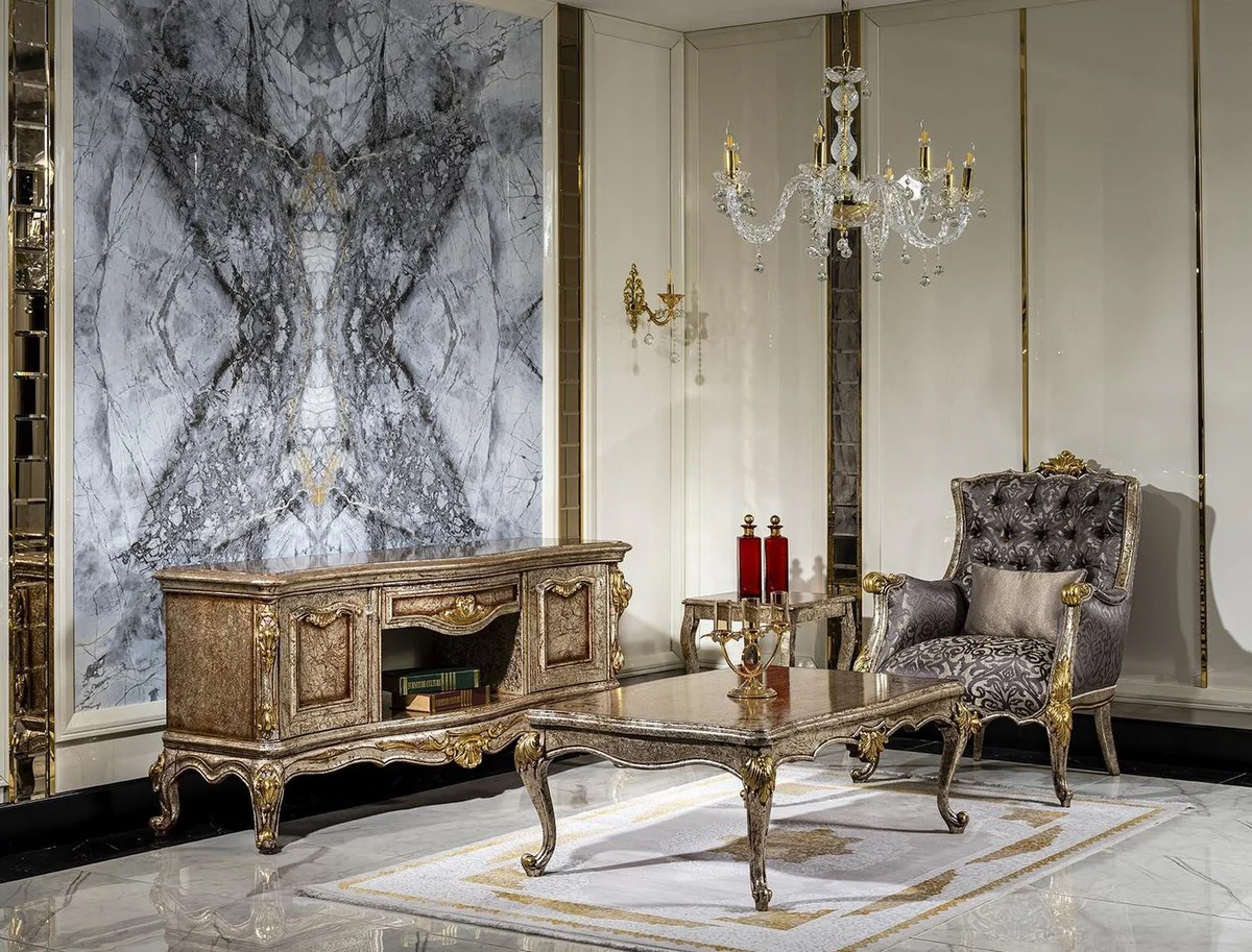 Casa Padrino armario de TV barroco de lujo plata antigua / marrón / oro - Magnífico aparador de salón con 2 puertas y cajón - Muebles de salón barrocos