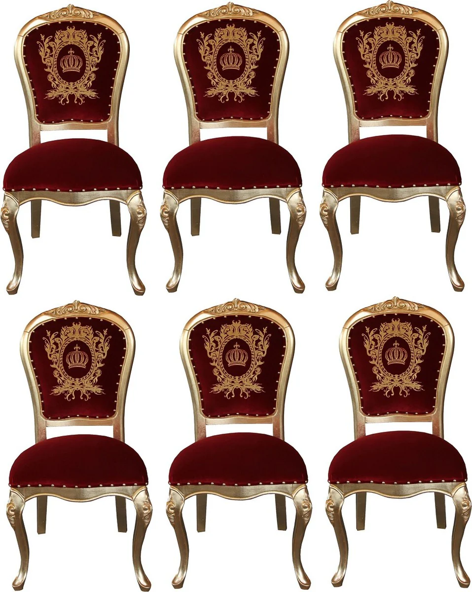 Pomp??s by Casa Padrino Sillas de Comedor Barroco de Lujo con Corona Rojo Burdeos / Oro - Sillas de Estilo Barroco de Pomp??s Dise?adas por Harald Gl??ckler - 6 Sillas de Comedor