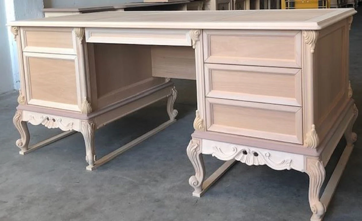 Casa Padrino escritorio barroco de lujo con 6 cajones blanco / oro - Magn¨ªfica mesa de oficina hecha a mano - Muebles de oficina barrocos - Calidad de Lujo - Hecho en Italia