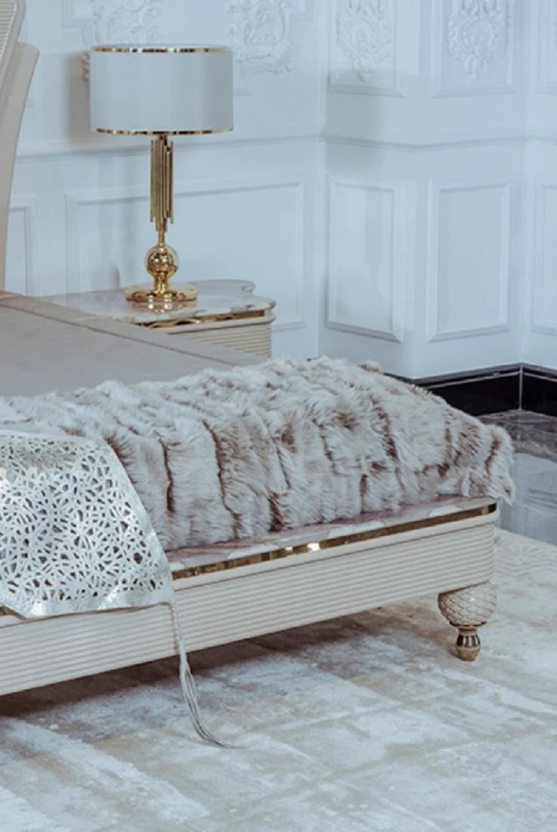 Casa Padrino Conjunto de Dormitorio Art Deco de Lujo Beige / Gris / Oro - 1 Cama Doble con Cabecero y 2 Mesas de Noche - Muebles de Dormitorio y de Hotel Art Deco - Colección de Lujo