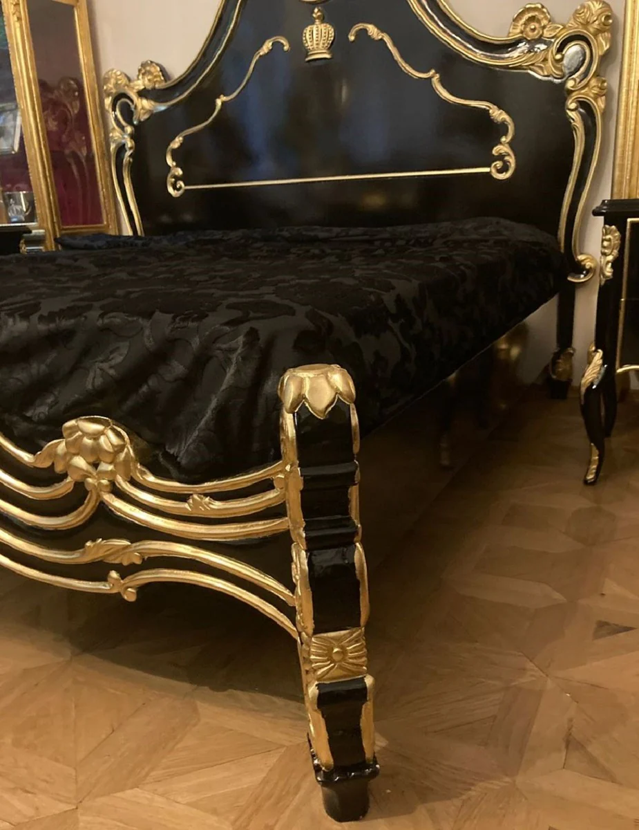 Pompöös by Casa Padrino cama de matrimonio barroco de lujo con colchón negro / oro - Cama barroco pomposa diseñada por Harald Glööckler - Muebles de dormitorio en estilo barroco - Muebles barrocos