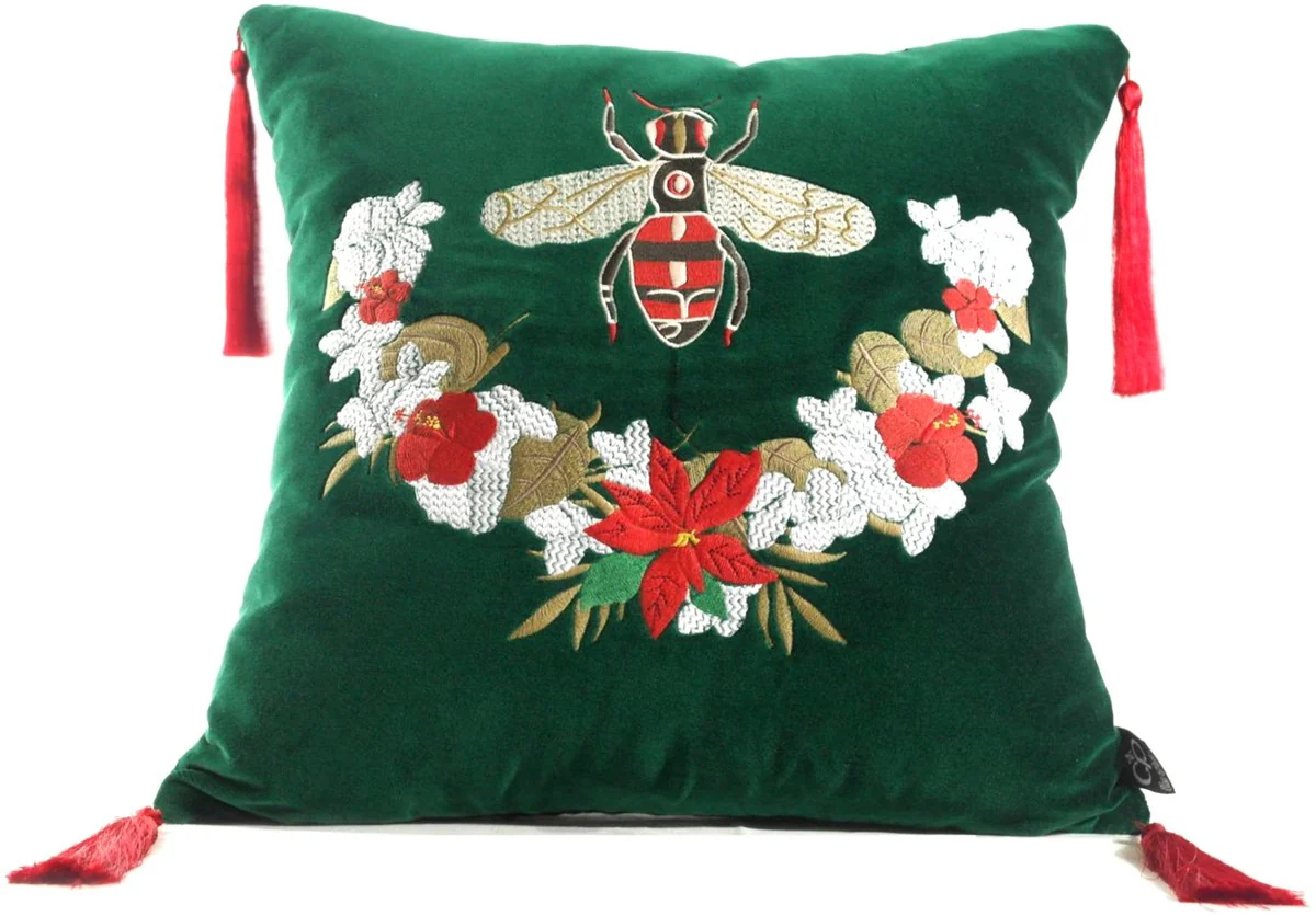 Casa Padrino almohada de lujo con borlas abeja verde / multicolor 45 x 45 cm - Tejido de Terciopelo Más Fino - Accesorios de Decoración de Lujo