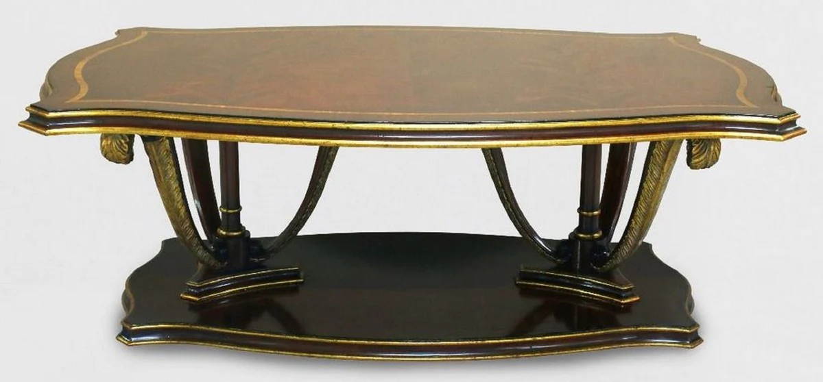 Casa Padrino mesa de centro barroco de lujo marr¨®n / oro 130 x 90 x A. 44 cm - Mesa de sal¨®n de caoba con plumas decorativas talladas a mano - Muebles de sal¨®n de estilo barroco noble