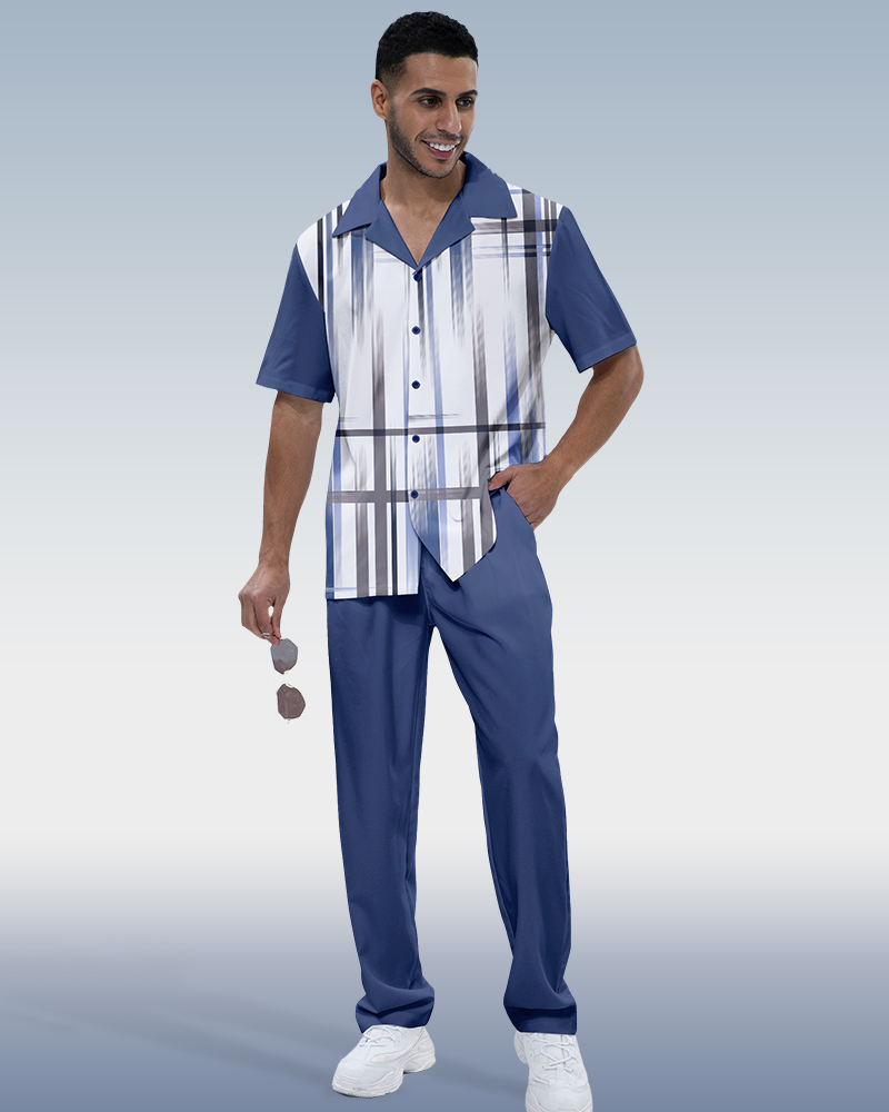 Suitmens Men's Gradient Stripe 2-Piece Short Sleeve Suit 002