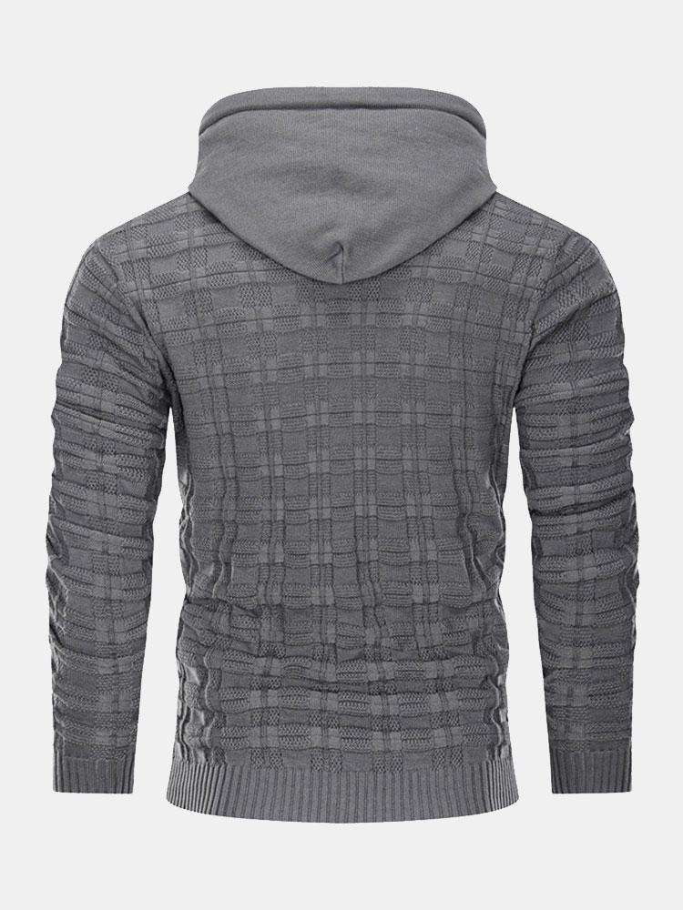 Slim Fit Knitted Plaid Paneled Hooded Sweater