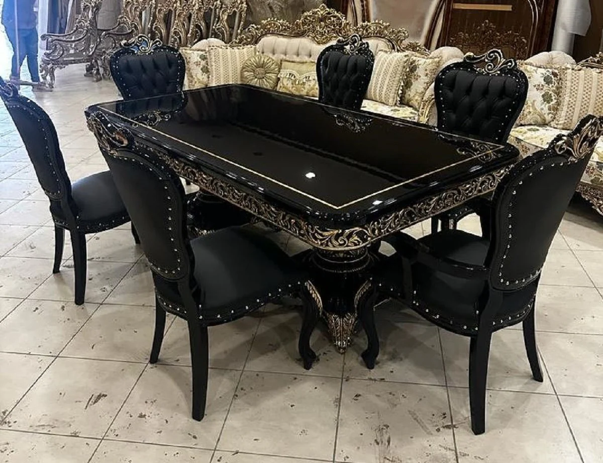 Casa Padrino conjunto de comedor barroco de lujo negro / oro - 1 Mesa de Comedor Barroco y 6 Sillas de Comedor Barrocos - Muebles de comedor barrocos - Noble y Magn¨ªfico