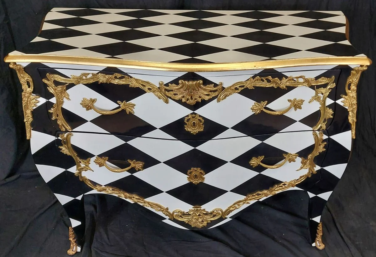 Casa Padrino cómoda barroco con diseño de cuadros y 2 cajones negro / blanco / oro - Cómoda de madera maciza hecho a mano estilo barroco - Muebles de dormitorio estilo barroco - Muebles barrocos