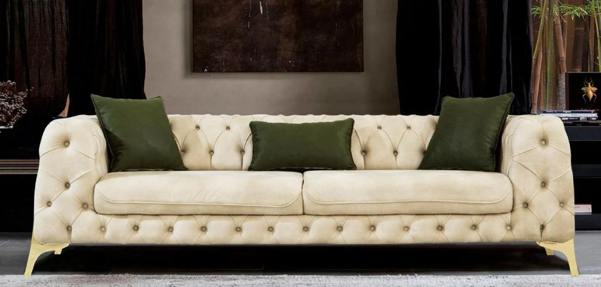Casa Padrino sof¨¢ cama Chesterfield de lujo crema / oro 250 x 95 x A. 72 cm - Sof¨¢ de sal¨®n moderno - Muebles de Sal¨®n Chesterfield