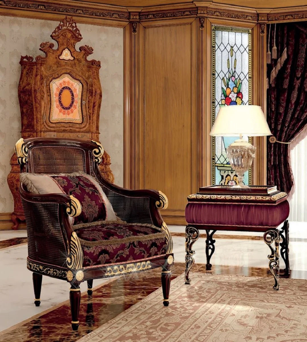 Casa Padrino sill¨®n barroco de lujo p¨²rpura / marr¨®n / oro - Sill¨®n de sal¨®n de estilo barroco con patr¨®n - Muebles barrocos - Muebles barrocos de sal¨®n - Calidad de lujo - Hecho en Italia