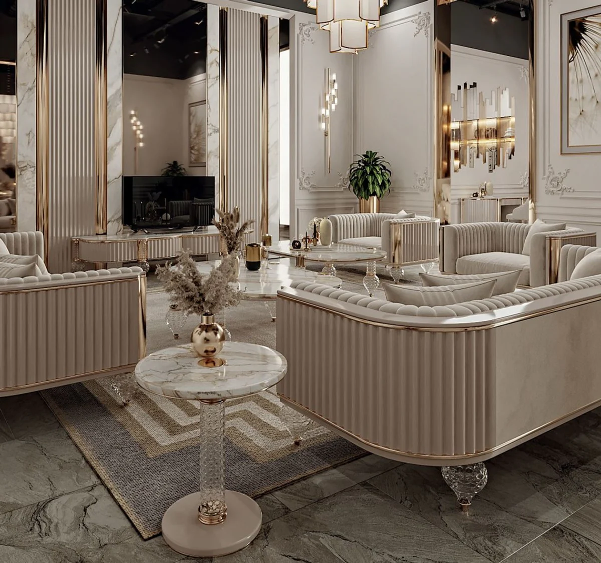 Casa Padrino sof¨¢ de 3 plazas Art Deco de lujo gris / oro 260 x 96 x A. 75,5 cm - Sof¨¢ de sal¨®n - Muebles de sal¨®n - Muebles Art Deco - Muebles de lujo - Interiores Art Deco - Interiores de lujo