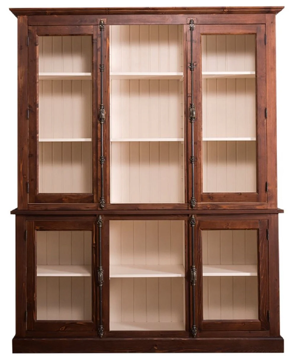 Casa Padrino armario de sal¨®n de estilo campestre marr¨®n oscuro / crema 184 x 48 x H. 228 cm - Vitrina de Madera Maciza con 4 Puertas de Vidrio