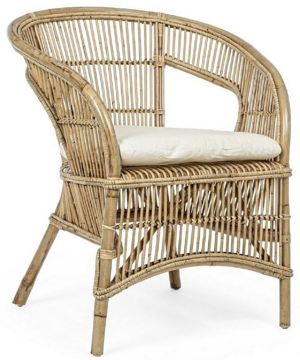 Casa Padrino sillón de jardín de lujo natural / blanco 68 x 65 x A. 82 cm - Sillón de jardín y terraza en ratán con cojín de asiento - Muebles de Jardín y Terraza - Calidad de Lujo