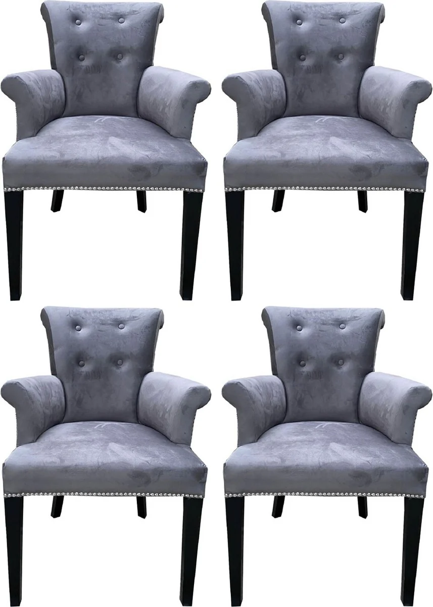 Casa Padrino conjunto de 4 sillas de comedor de lujo gris / negro - Sillas de cocina de madera maciza con reposabrazos y tela de terciopelo fino - Muebles de Comedor y Restaurante de Lujo