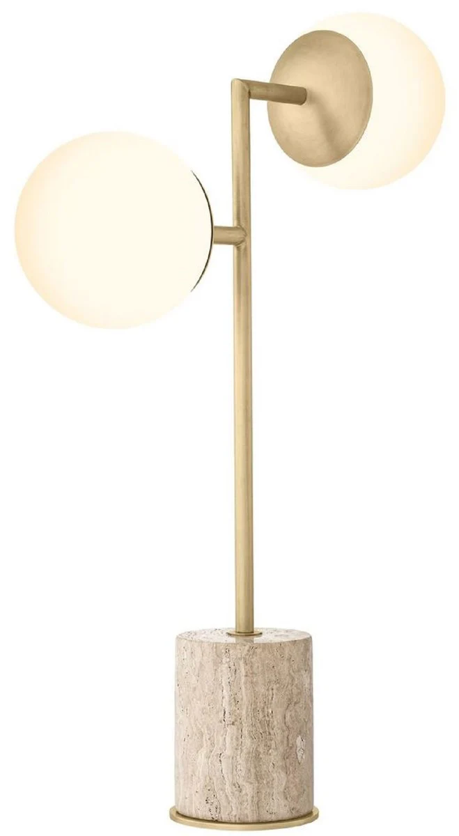 Casa Padrino lámpara de mesa de lujo travertino / latón antiguo / blanco 51 x A. 70 cm - Lámpara de escritorio con base de travertino y pantallas de vidrio - Iluminación de lujo - Muebles de lujo