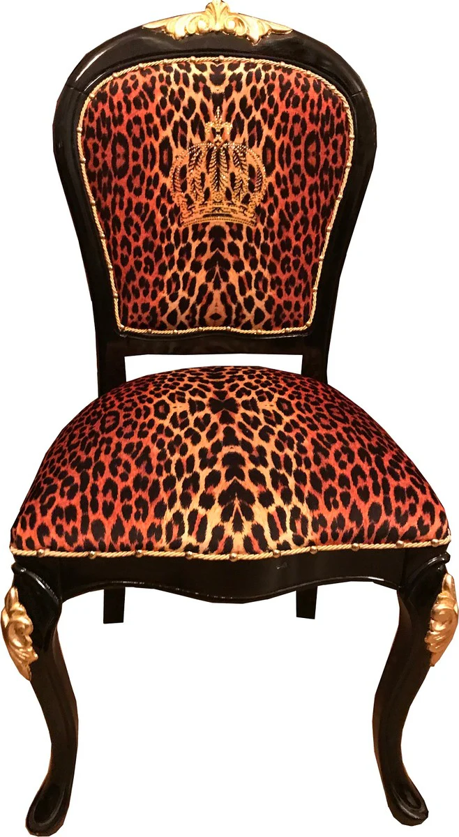 Pomp??s by Casa Padrino Sillas de Comedor Barrocas de Lujo Corona con Pedrer¨ªa Leopardo / Negro / Oro - Conjunto de Comedor - 6 Sillas de Estilo Barroco Pomp??s Dise?adas por Harald Gl??ckler