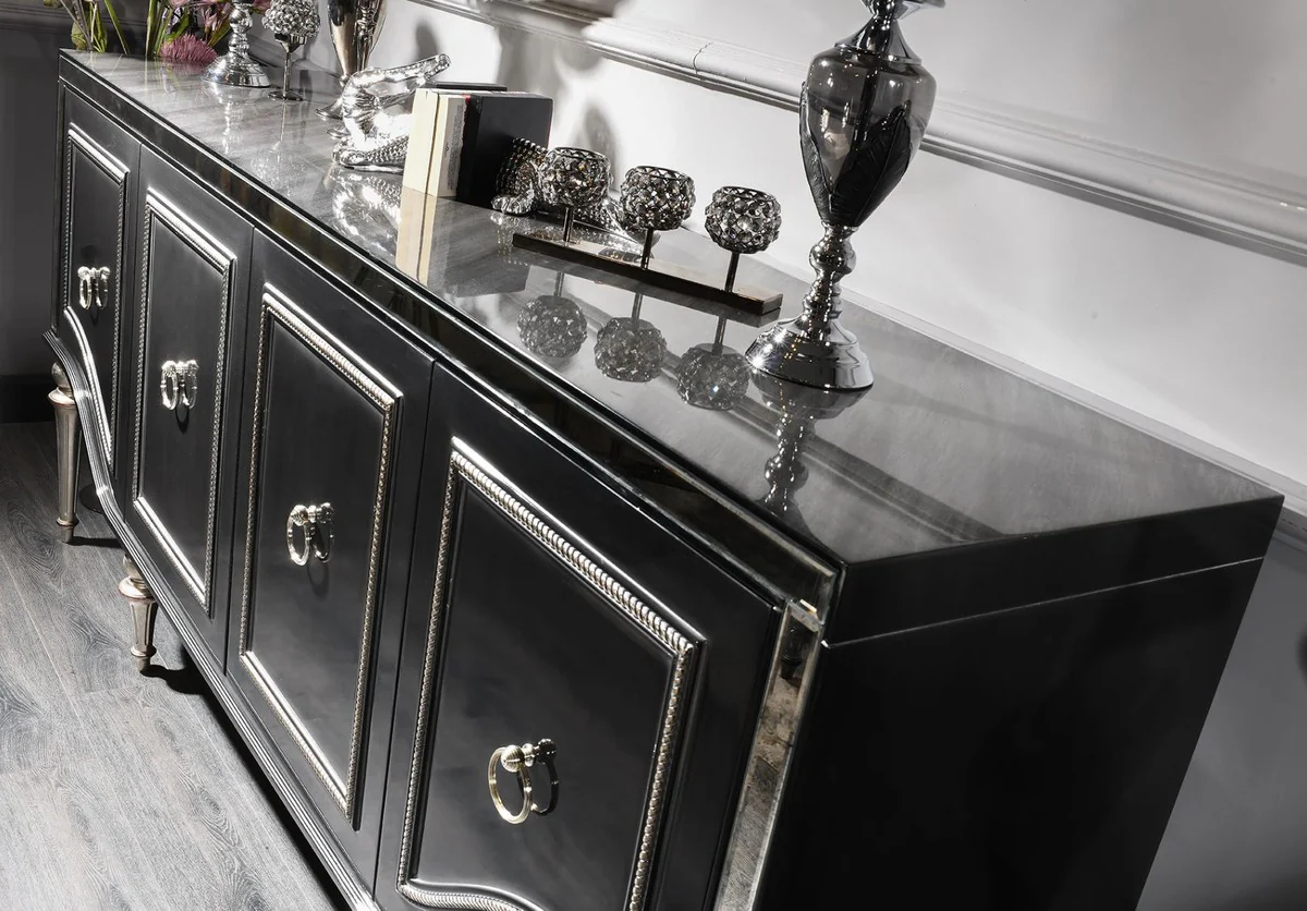 Casa Padrino aparador barroco de lujo negro / plata 220 x 103 x A. 56 cm - Armario de sal¨®n con tapa de vidrio y 4 puertas - Muebles de Sal¨®n Barroco de Lujo
