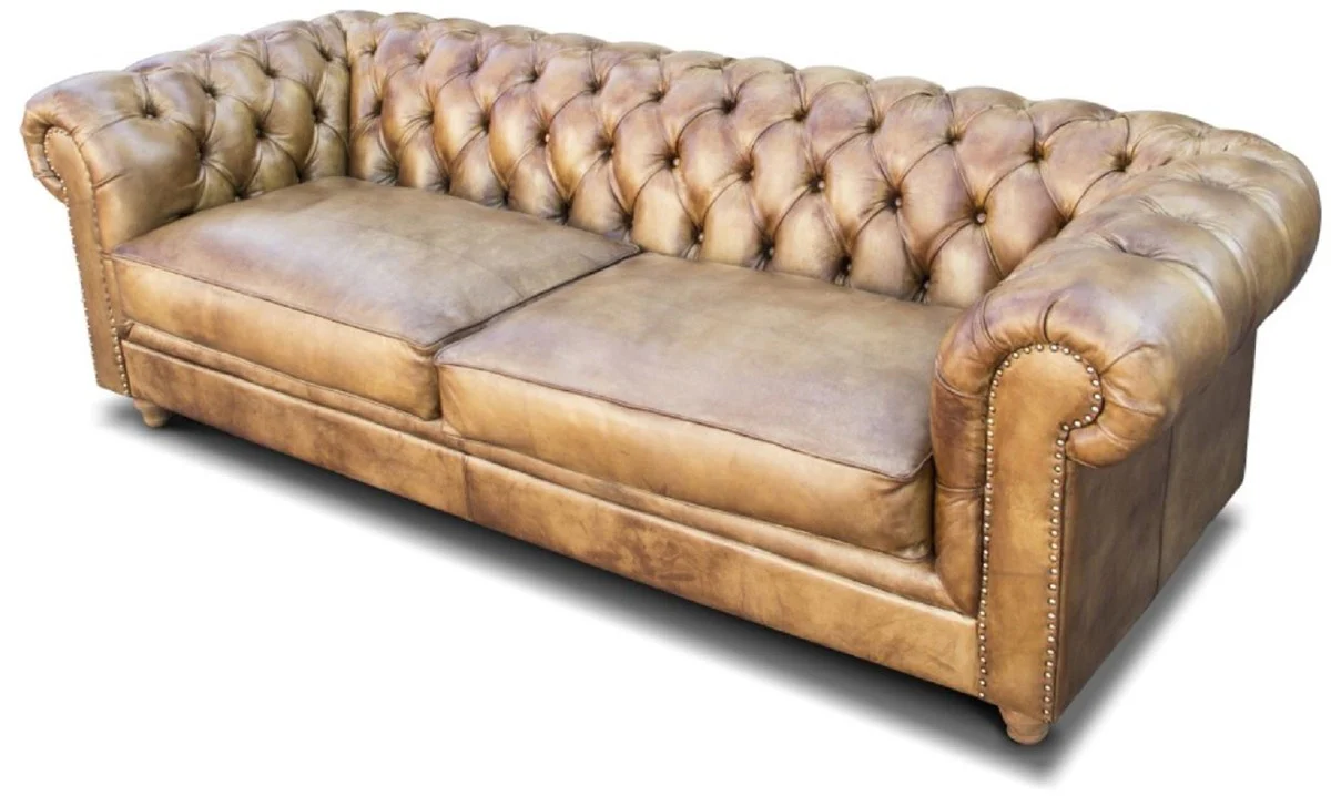 Casa Padrino sof¨¢ de cuero Chesterfield de lujo marr¨®n claro vintage 240 x 100 x A. 80 cm - Sof¨¢ de sal¨®n de cuero genuino - Muebles de sal¨®n - Muebles Chesterfield - Muebles de lujo