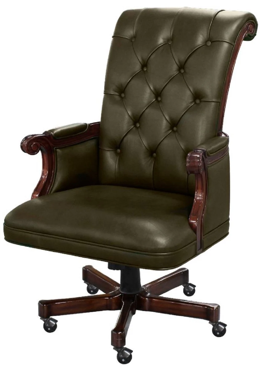 Casa Padrino silla de oficina Chesterfield de lujo verde oscuro / marr¨®n oscuro 71 x 76 x A. 114 cm - Silla de escritorio de caoba ajustable en altura con piel genuina - Muebles Chesterfield Oficina