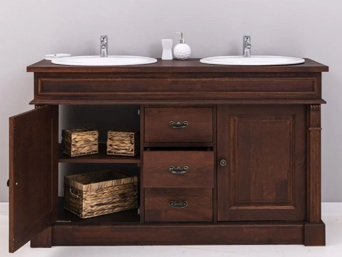 Casa Padrino mesa de lavabo doble estilo campestre con 2 lavabos de cerámica marrón oscuro / blanco 150 x 51 x A. 91 cm - Muebles de baño de madera maciza en estilo campestre