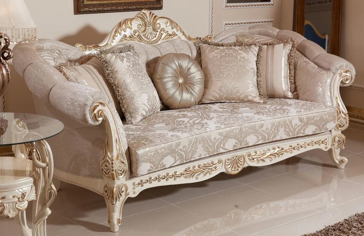 Casa Padrino sof¨¢ barroco de lujo gris / plata / blanco / oro - Sof¨¢ de sal¨®n de estilo barroco hecho a mano con patr¨®n elegante - Magn¨ªficos muebles de sal¨®n barrocos