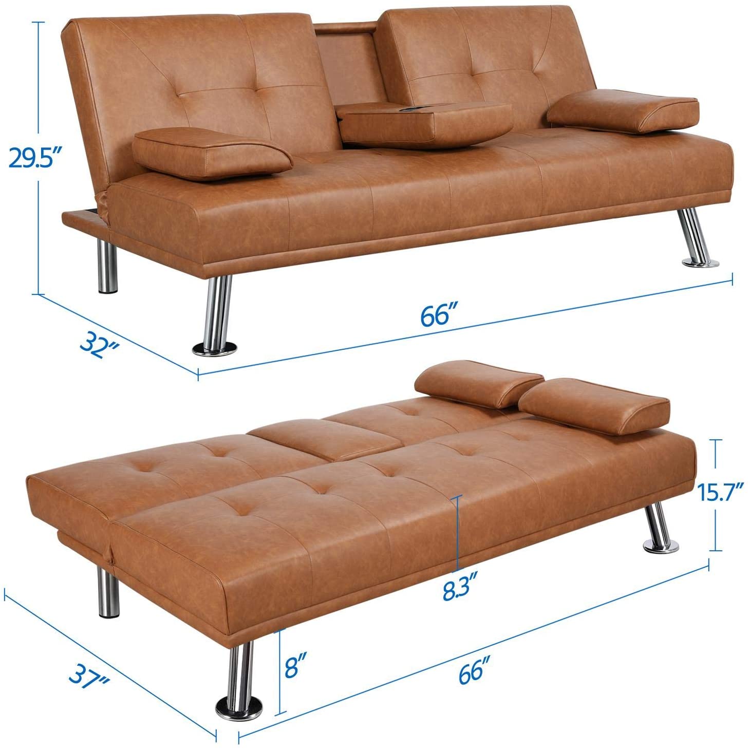 Apartment sofa bed, artificial leather sofa with armrests, home recliner, suitable for living room and studio brown