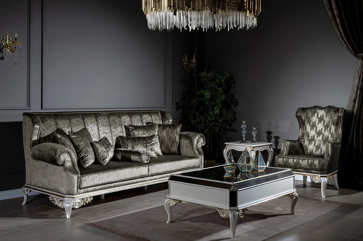 Casa Padrino mesa de centro barroco de lujo blanco / oro 122 x 85 x A. 48 cm - Mesa de sal¨®n de madera maciza noble con tapa de vidrio - Muebles de sal¨®n barrocos