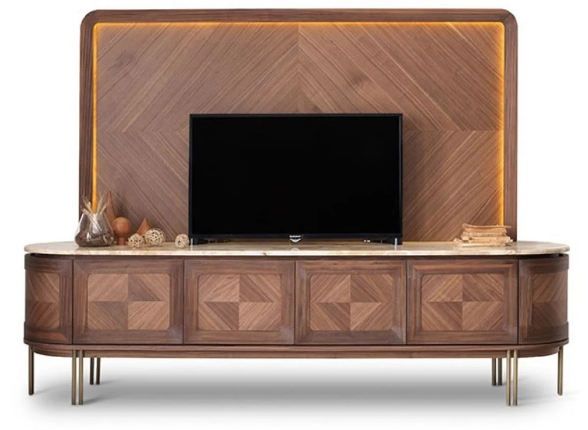 Casa Padrino conjunto de armario de TV de lujo marr¨®n / beige / lat¨®n - Aparador de sal¨®n con 4 puertas y pared trasera de TV iluminada - Muebles de sal¨®n - Muebles de hotel - Muebles de lujo