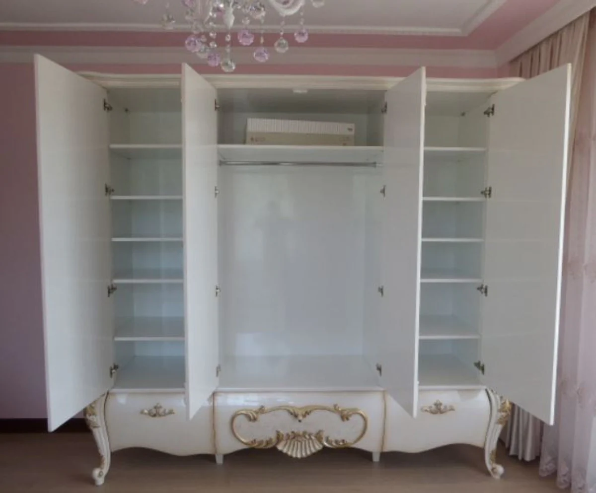 Casa Padrino armario de dormitorio barroco de lujo blanco / crema / oro 320 x 70 x A. 250 cm - Armario de madera noble - Muebles de dormitorio en estilo barroco - Calidad de Lujo