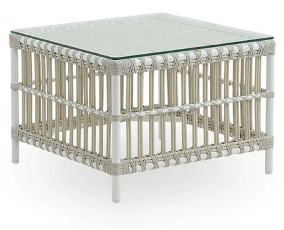 Casa Padrino mesa de jardín de lujo blanco / gris 60 x 60 x A. 43 cm - Mesita de jardín y terraza resistente a la intemperie con tapa de vidrio - Muebles de jardín y terraza modernos