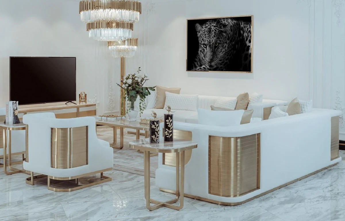 Casa Padrino sof¨¢ de lujo blanco / oro 290 x 98 x A. 72 cm - Sof¨¢ de sal¨®n - Sof¨¢ de hotel - Muebles de sal¨®n - Muebles de hotel - Muebles de lujo - Interiores de lujo