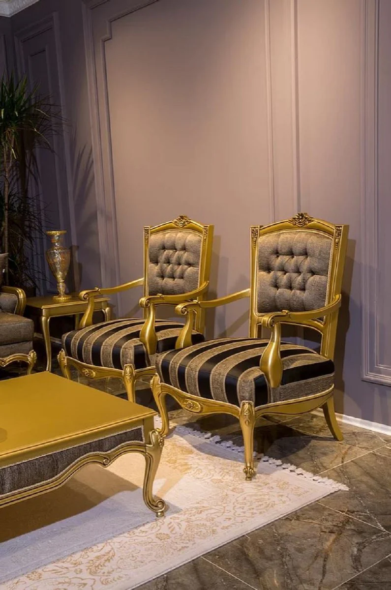 Casa Padrino conjunto de sala de estar barroco de lujo gris / negro / oro - 2 Sof¨¢s Barrocos y 2 Sillones Barrocos y 1 Mesa de Centro Barroco - Muebles de sala estilo barroco - Muebles barrocos