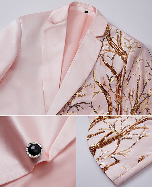 Glamorous  Plain  Embroidery Gold Branch Print Sequins One Button Blazer