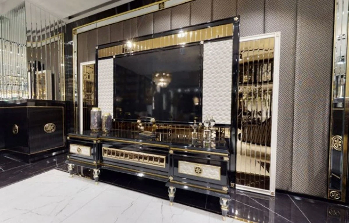 Casa Padrino conjunto de TV Art Deco de lujo negro / blanco / oro - Magn¨ªfico aparador de sal¨®n con pared trasera de TV - Muebles de Sal¨®n Art Deco - Colecci¨®n de Lujo