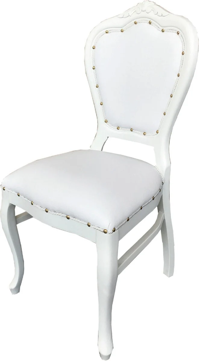 Casa Padrino Conjunto de Sillas de Comedor Barroco de Lujo Blanco / Blanco 45 x 47 x H. 99 cm - 6 Sillas de Comedor Hechas a Mano con Cuero Artificial - Muebles de Comedor Barrocos