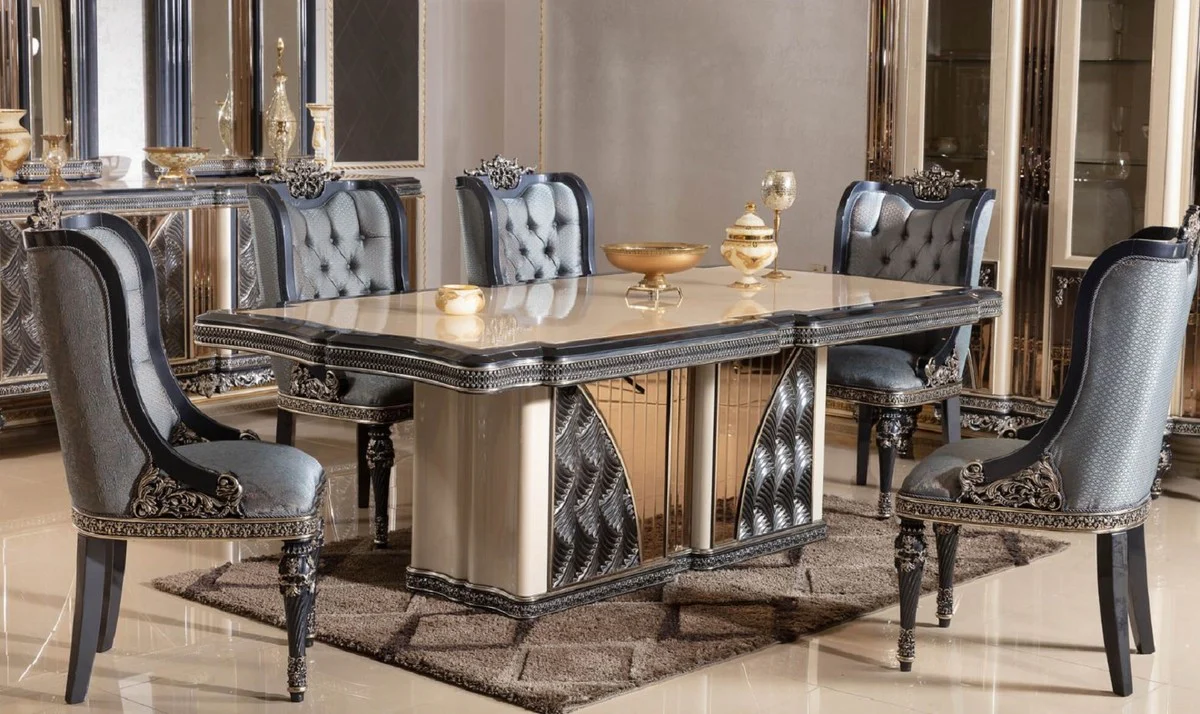 Casa Padrino conjunto de comedor barroco de lujo beige / azul claro / negro / oro - 1 Mesa de Comedor Barroco y 6 Sillas de Comedor Barrocos - Muebles de comedor de lujo en estilo barroco