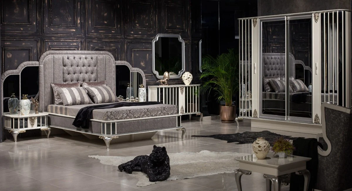 Casa Padrino conjunto de muebles barrocos de lujo aparador con espejo blanco / plata - Armario de madera maciza con espejo con elegante espejo de pared - Muebles Barrocos - Noble y Magnífico