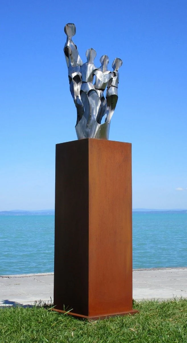 Casa Padrino escultura de metal de decoraci¨®n de jard¨ªn XXL amigos sobre columna plata / ¨®xido A. 182 cm