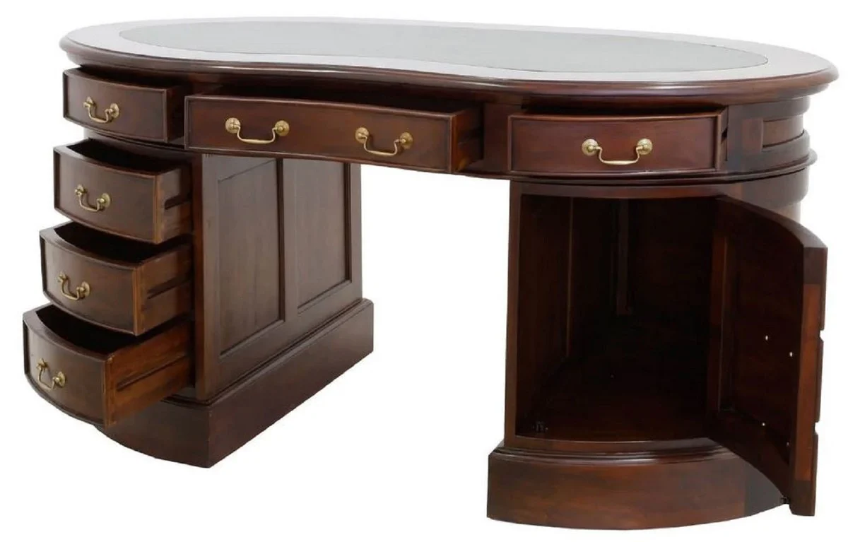 Casa Padrino escritorio de lujo de caoba marr¨®n oscuro / verde 158 x 87 x A. 83 cm - Mesa de oficina ovalada de madera maciza - Muebles de oficina de caoba - Muebles de oficina de lujo