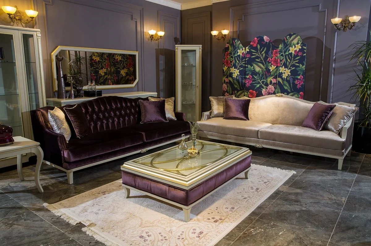 Casa Padrino sof¨¢ barroco de lujo rosa / blanco / oro 239 x 83 x A. 93 cm - Noble sof¨¢ de sal¨®n con cojines decorativos - Muebles de sal¨®n barrocos