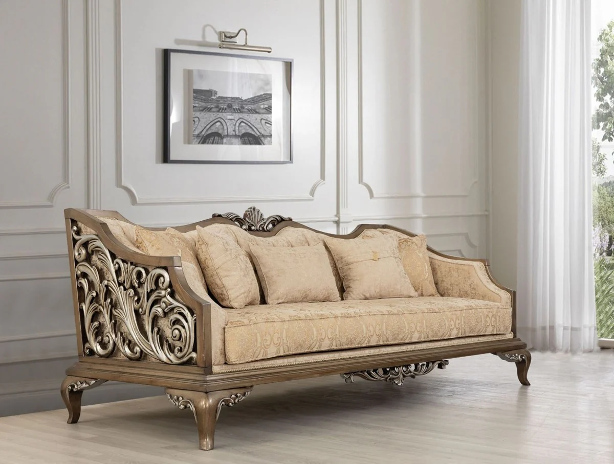 Casa Padrino sof¨¢ barroco de lujo beige / oro / marr¨®n / plata - Sof¨¢ de sal¨®n en estilo barroco - Muebles de sal¨®n barrocos - Noble y Magn¨ªfico