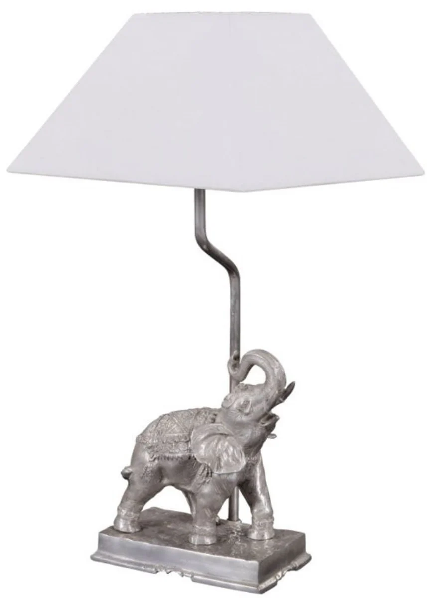 Casa Padrino lámpara de mesa elefante bronce plateado 35 x 29 x H. 50 cm - Lámpara de Mesa de Lujo con Pantalla Blanco