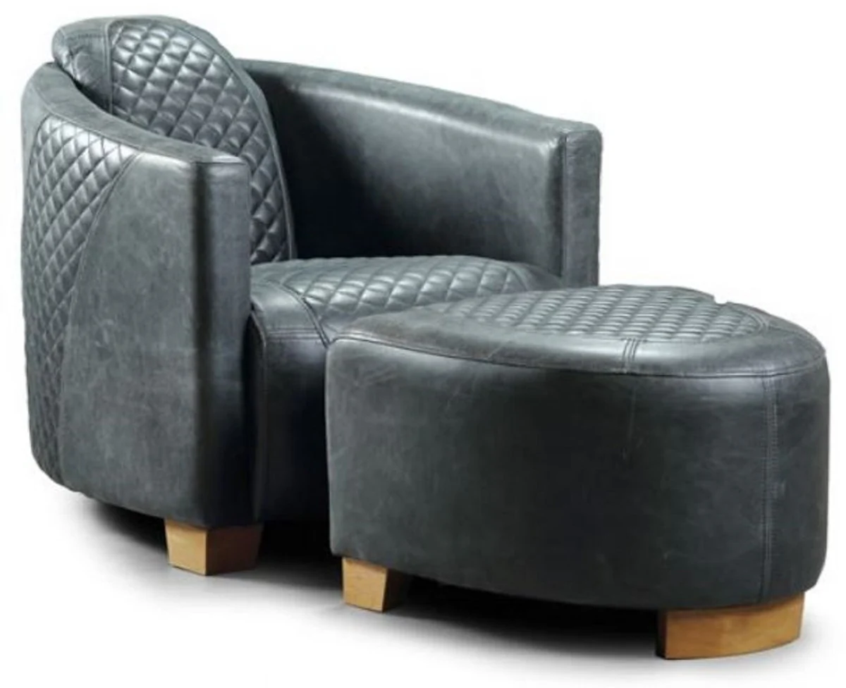 Casa Padrino reposapi¨¦s de cuero de lujo azul vintage / marr¨®n claro 60 x 59 x A. 35 cm - Taburete de Cuero Genuino - Muebles de Sal¨®n - Muebles de Cuero Genuino