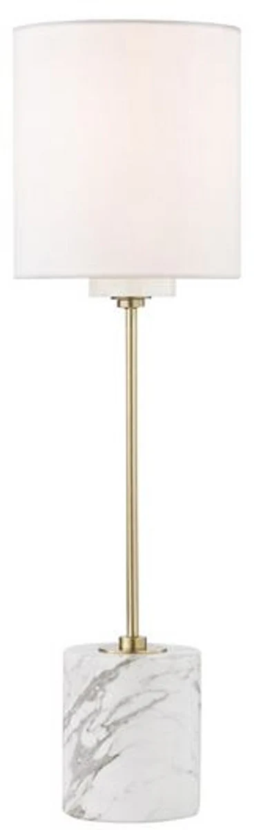 Casa Padrino lámpara de mesa de lujo latón antiguo / blanco Ø 15,9 x A. 55,9 cm - Lámpara de mesa redonda moderna con pantalla de seda sintética y base de mármol