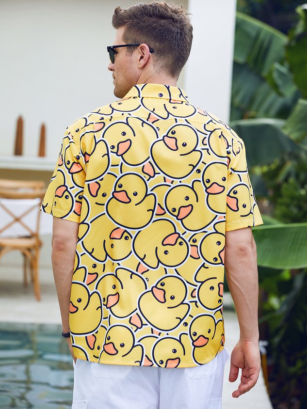 Yellow Duck Chest Pocket Short Sleeves Casual Shirt