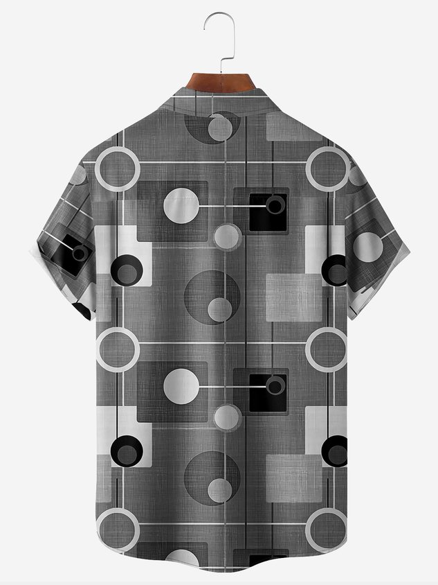 Geometric Line Pattern Chest Pocket Short Sleeve Casual Shirt